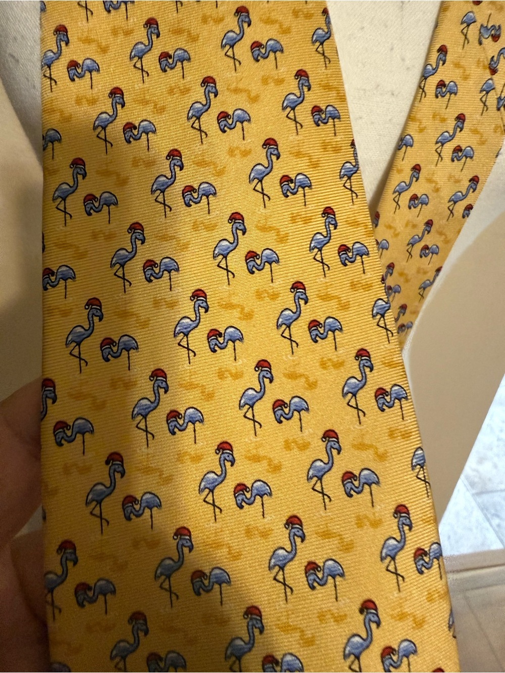 Bird Dog Bay Silk Tie Yellow Flamingo Snowbirds Whimsical Preppy Winter Holiday